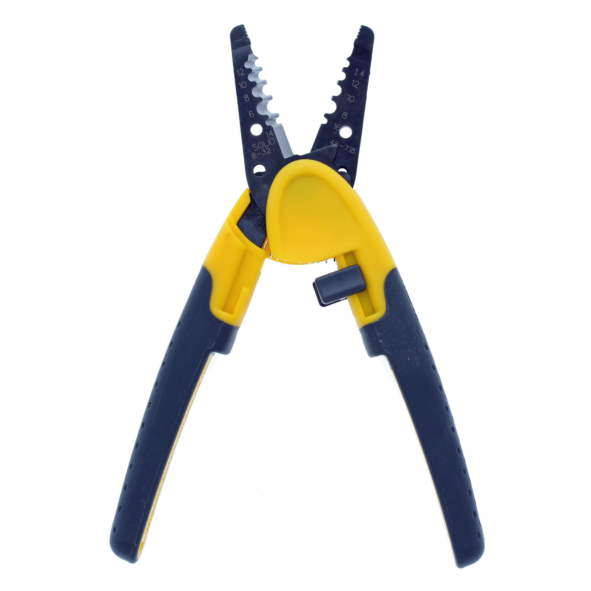 IDEAL, Kinetic® Super Wire Strippers 6-14 AWG, Ergonomic grip design, Sliding locking hasp for safety, stripping of 6-14 AWG solid and 8-16 AWG stranded wire, shear cut bolt cutters for added versatility, made in the USA, 45-718